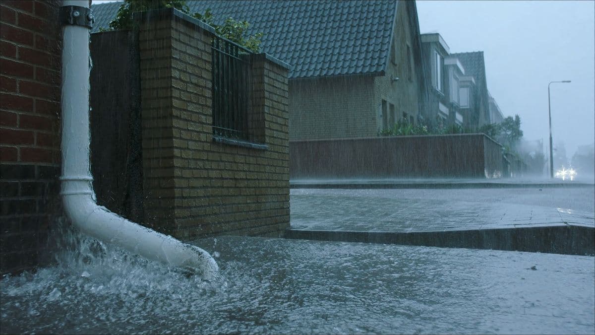 Regenwater klettert uit een regenpijp op een Nederlandse straat die al blank staat tijdens een hoosbui